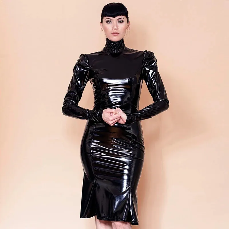 PVC Patent Leather Bodycon Dress | Turtleneck Long Sleeve