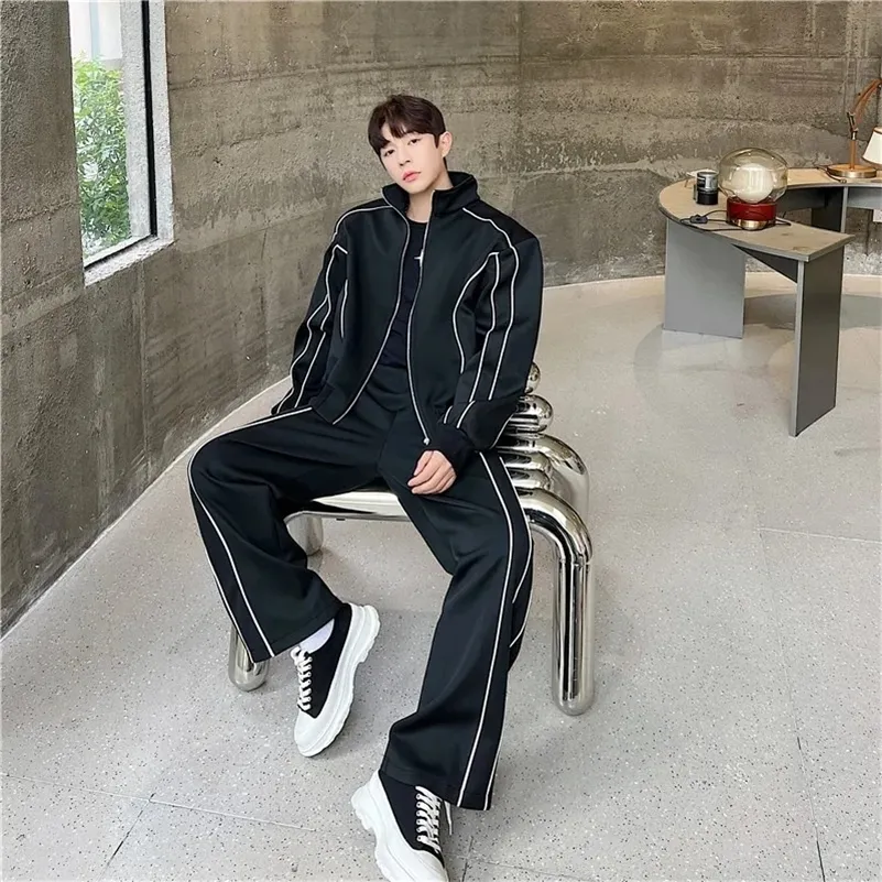 Men's Casual Sports Suit - Trendy Loose-Fit Bell Bottoms & Cardigan Jacket,  2-Piece Set