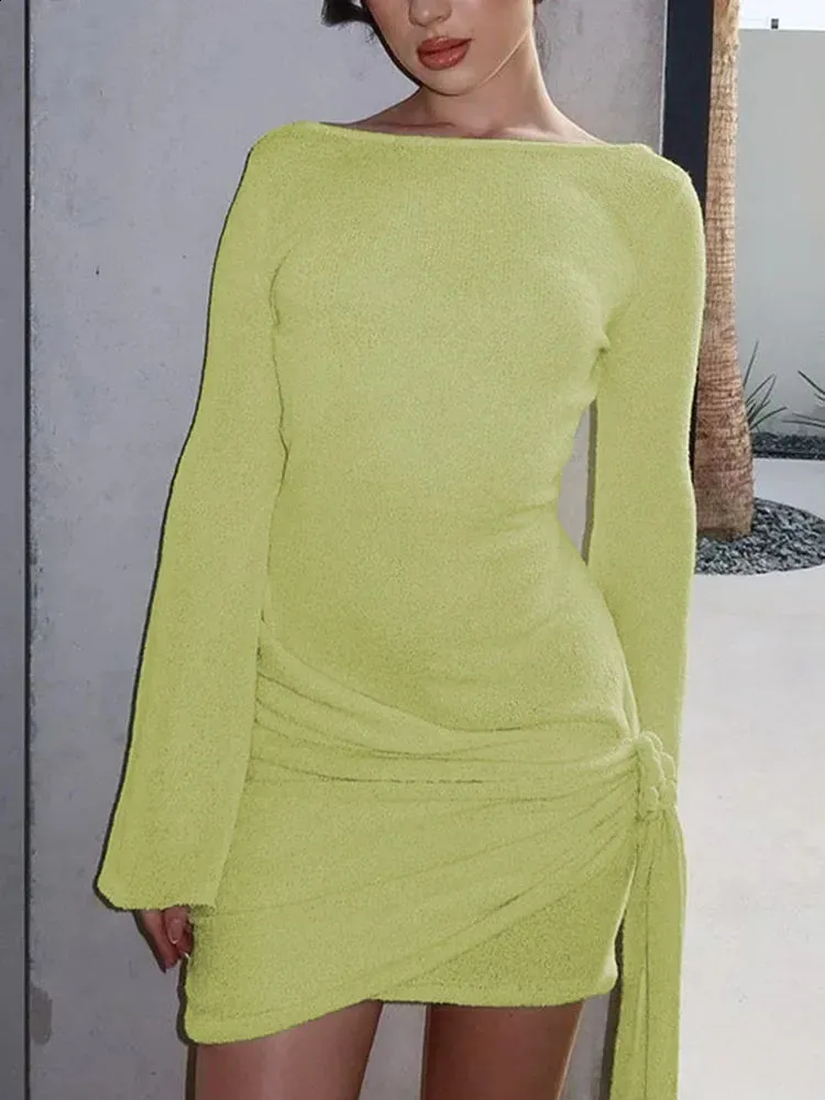 long sleeve backless bodycon mini dress in white knit Modal Open-Back Bodycon Mini Dress in White - XXS