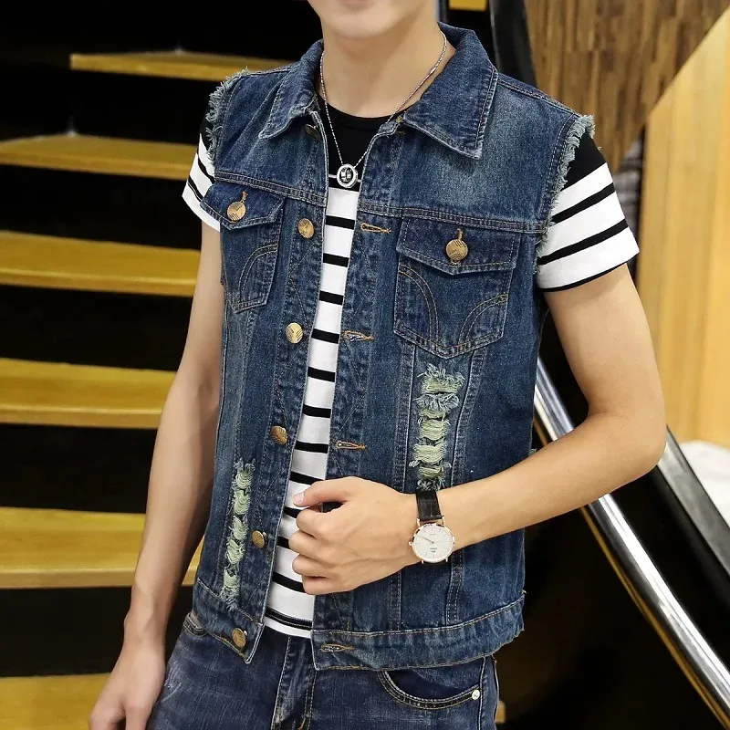 DABAOK Gilet En Jean Sans Manches Homme Femme - Style Rétro Déchiré Décontracté Automne
