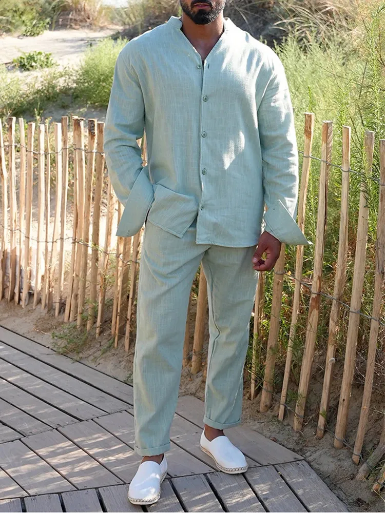 Men's Two Piece Linen Set Mens Piece Cotton Linen Outfit Long