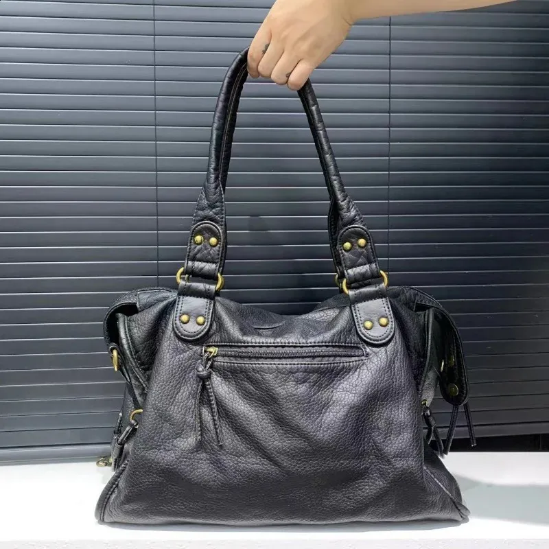 Y2K Punk Tote Bag - Womens Retro Washed Leather Shoulder Bag