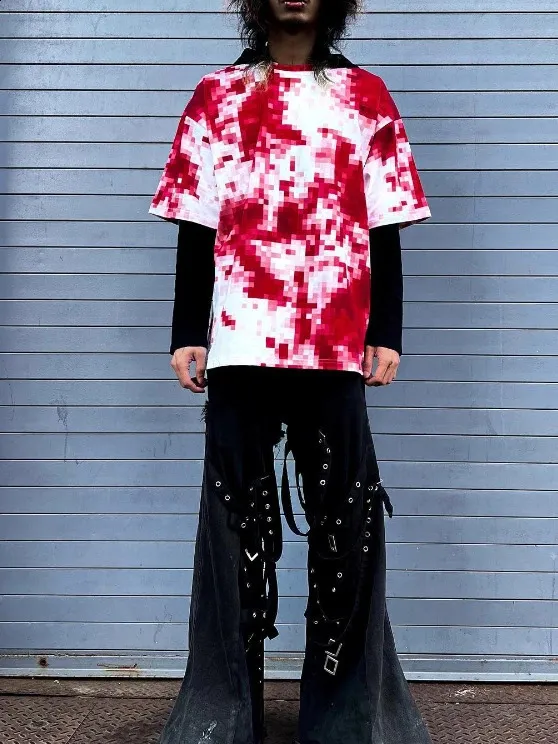 Streetwear Y2K Pixel Style T Shirt Red Harajuku Punk Hip Hop Round