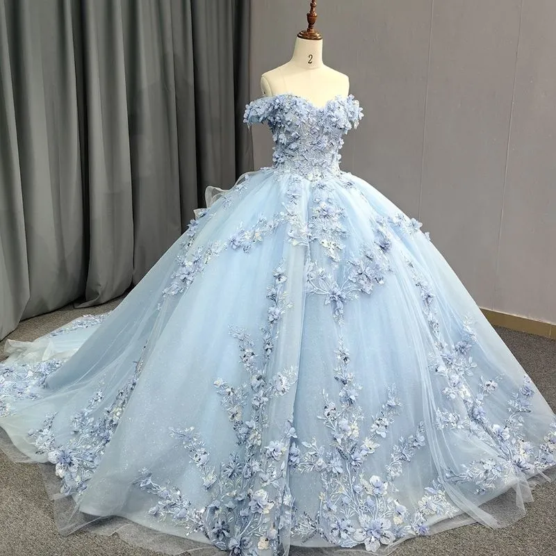 Off Shoulder Sleeveless Beaded Aooliques Bow Knot Blue Quinceañera Dresses for Sweet 16 WQ1403
