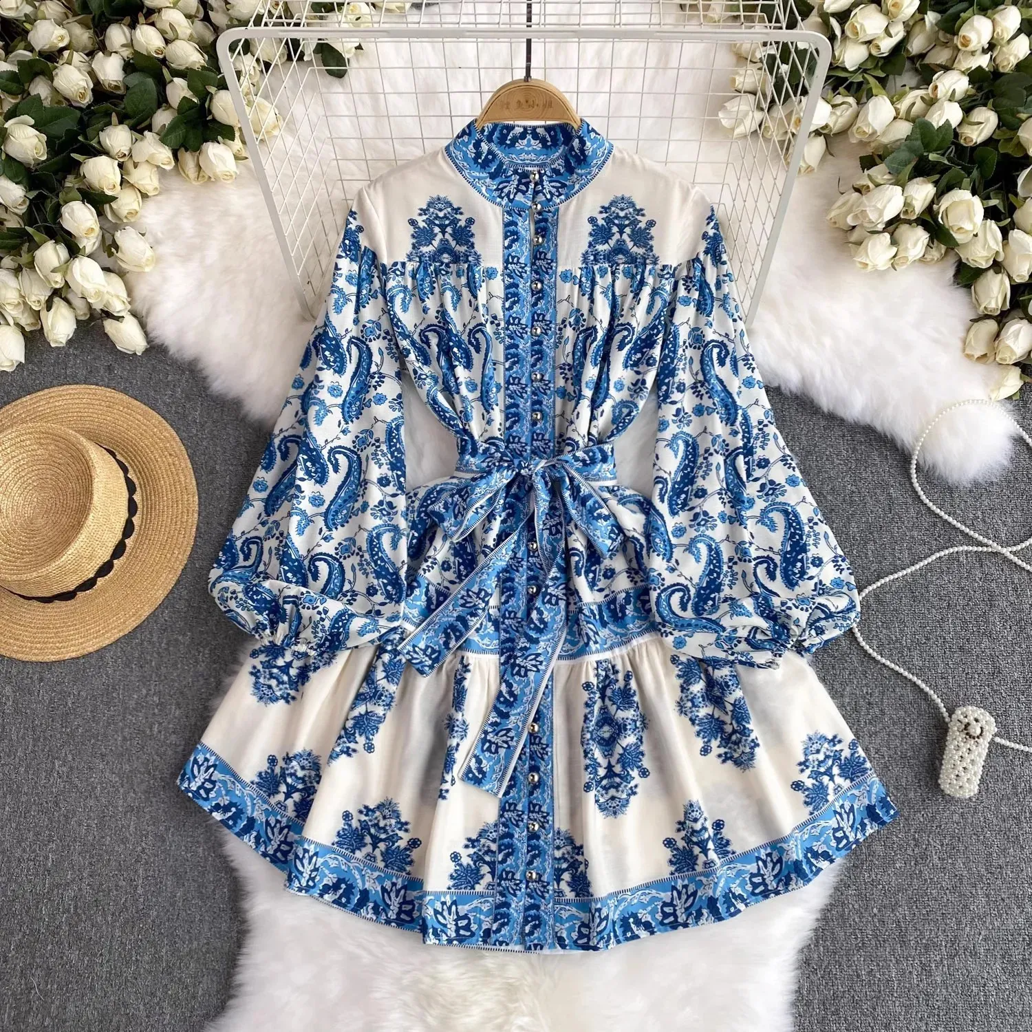 Vintage Paisley Short dress with Stand Collar and Lantern Sleeves for Women - Spring/Summer Collection Vintage Paisley Short dress with Stand Collar and Lantern Sleeves for Women - Spring/Summer Collection