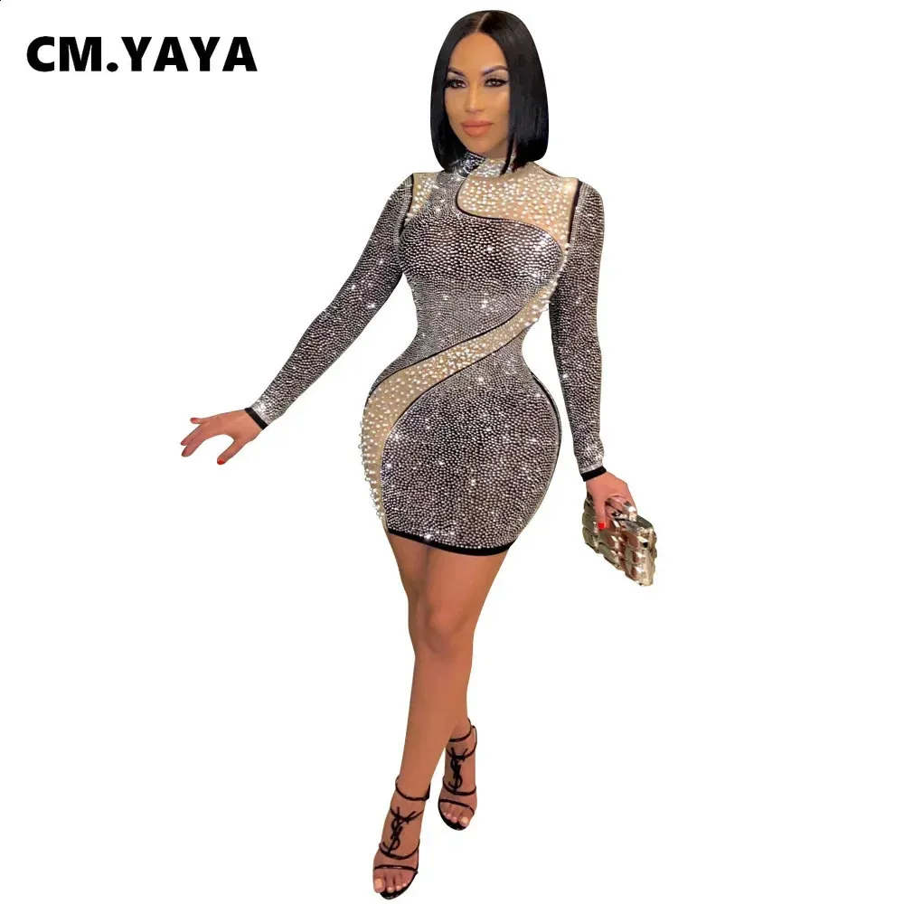 Autumn Winter Sequins Beading Mesh Splicing Women Mini