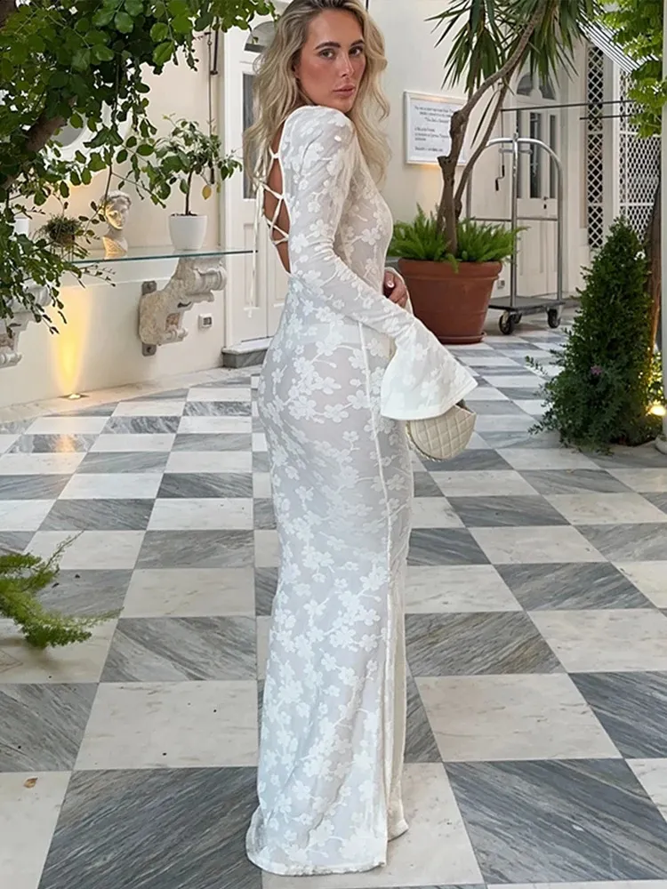 strapless open back dress LONG OFF-WHITE DRESS WITH LONG SLEEVES main image 1