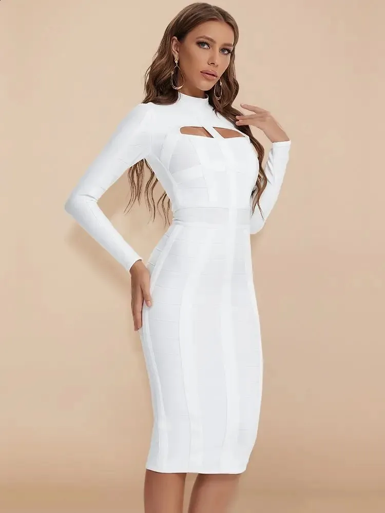 BEAUKEY Women's White Hollow Out HL Bandage Dress with Long Sleeves, Bodycon Fit, Cut-Out High Neckline, and Red/Black Midi Skirt - Perfect for