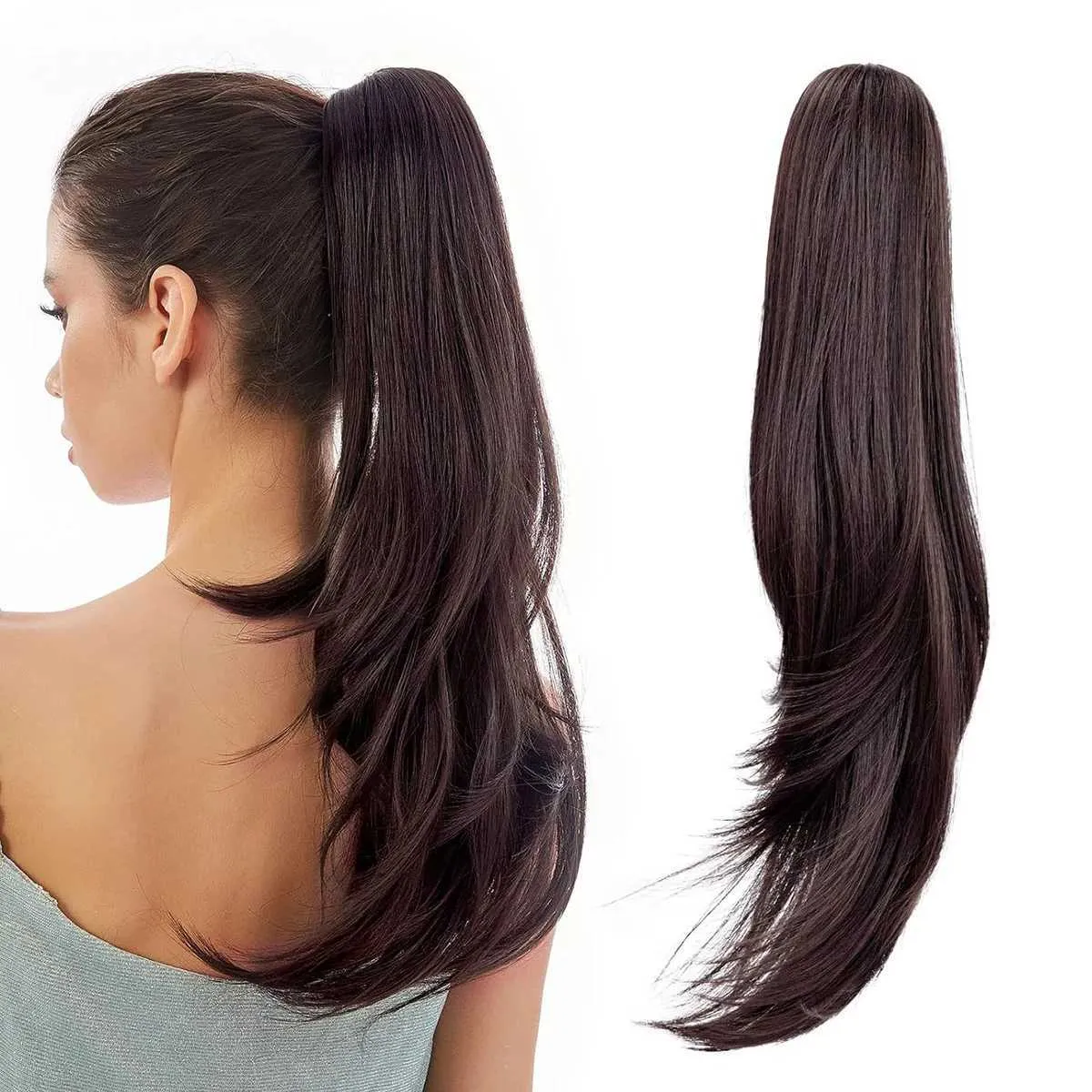 Black Hair Extension Ponytail Claw Wig Synthetic Wavy Straight 22\