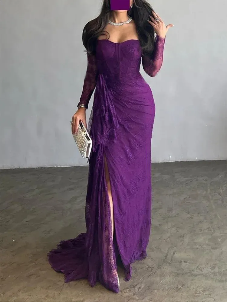 Save Big on Bulk Black Lace Purple Dress Purple Maxi Dresses For Weddings,  Elegant Lace Ball Gown Evening Dress With Long Sleeves Formal Women's Party 