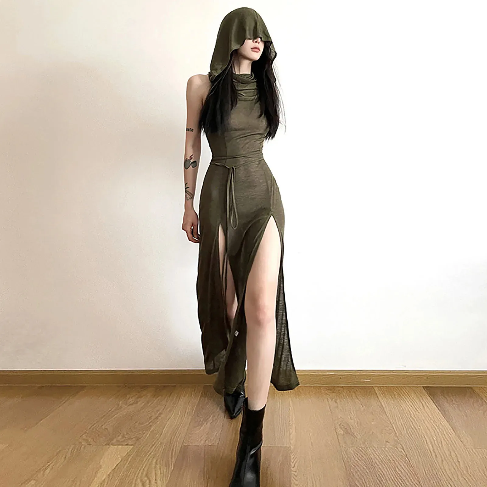 Sultry Bodycon Hooded Dress: Lace-Up Waist, High Slit, Y2K