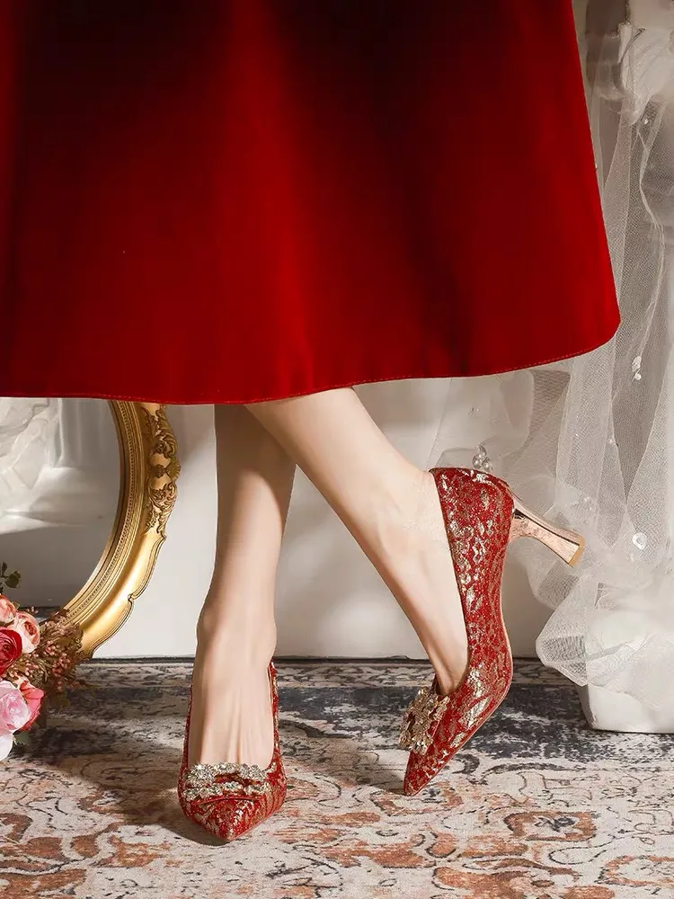 Wholesale Red Shiny Stiletto Heeled High Heel Wedding Sandals Low Heel For Women Perfect For Parties And Dressing Up Pointy Toe Pumps SandaliasLX241022 At Only 30.33 DHgate.Com