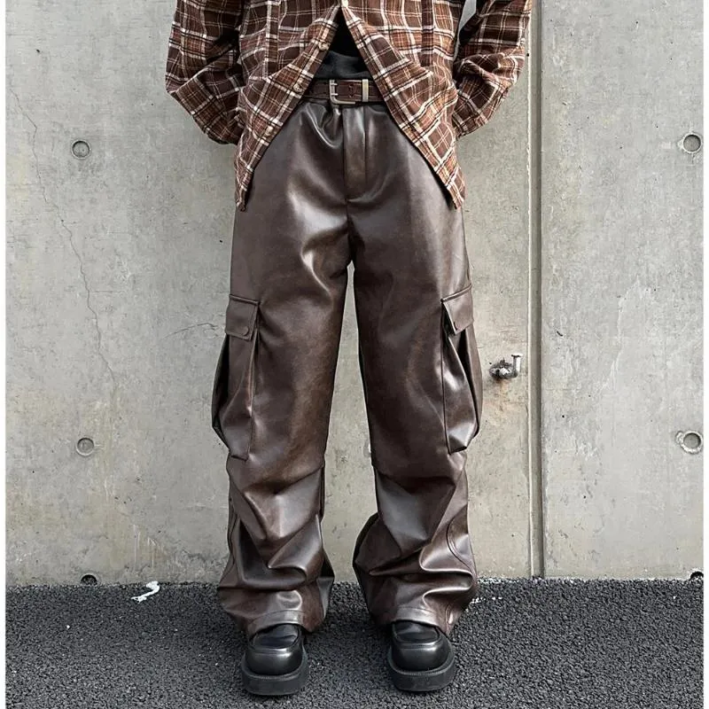 Mens Leather Leather Cargo Pants Mens Loose Fit, Wide Leg Mens Leather Leather Cargo Pants Mens Loose Fit, Wide Leg