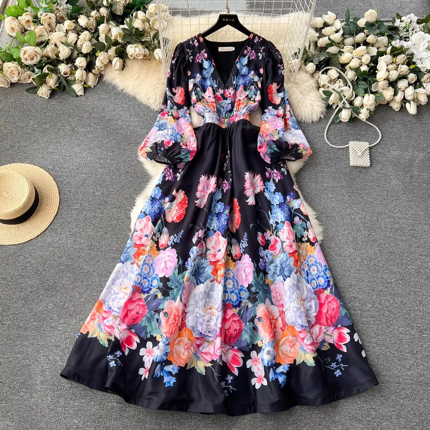 Flower Linen Maxi Dress with Lantern Sleeves and Elastic Waistband - Elegant V-Neck Prom Robe for Spring Holiday Party - Vestidos 6246 240819 Spring Floral Linen Maxi Dress For Women Elegant V Neck, Elastic Waist, Long  Lantern Sleeves, Perfect For Prom Or Party From Mysticastore, $36.84 In  Bulk | DHgate.Com