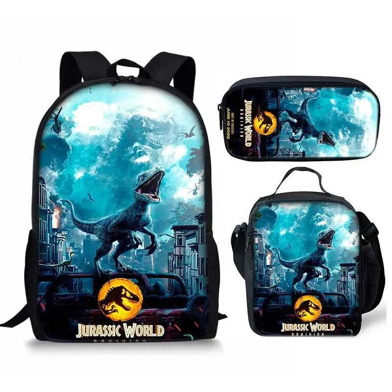 AGSDON 3PCS Kids Rolling Backpack, Boys Roller Wheels Bookbag, Wheeled School Bag With Lunch Bag - Dinosaur | Kids' Backpacks