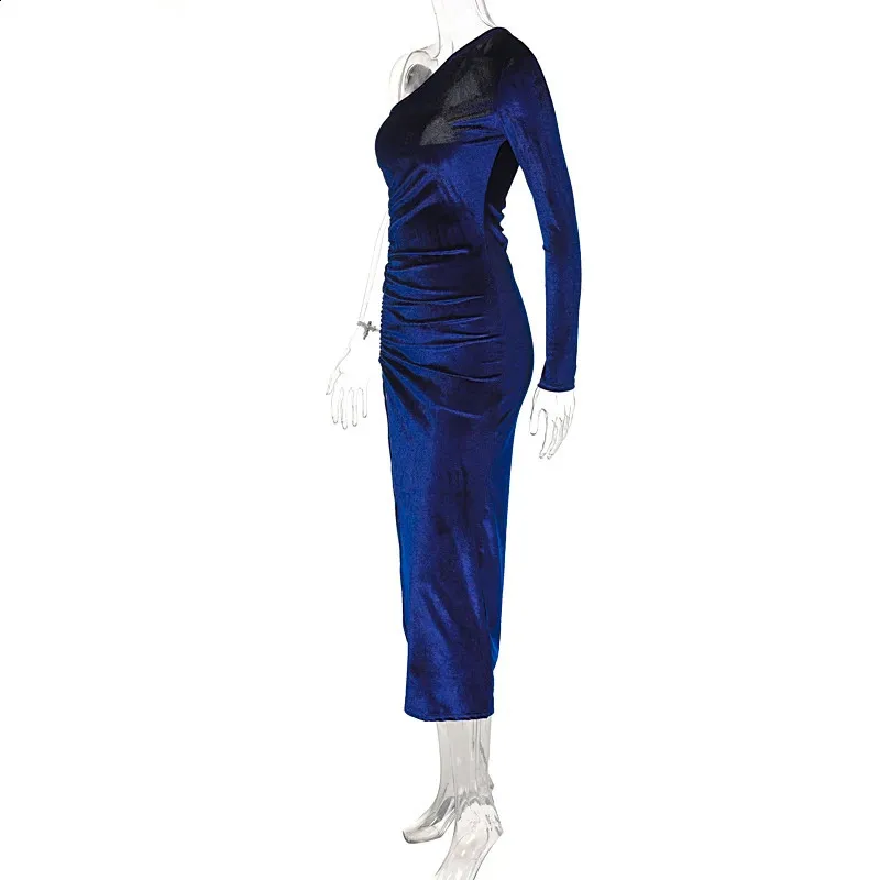 blue velvet bardot long sleeve ruched bodycon dress Countess | NAVY Velvet Bardot-Neck Wrapped Maxi Dress With Front-High Split main image 1