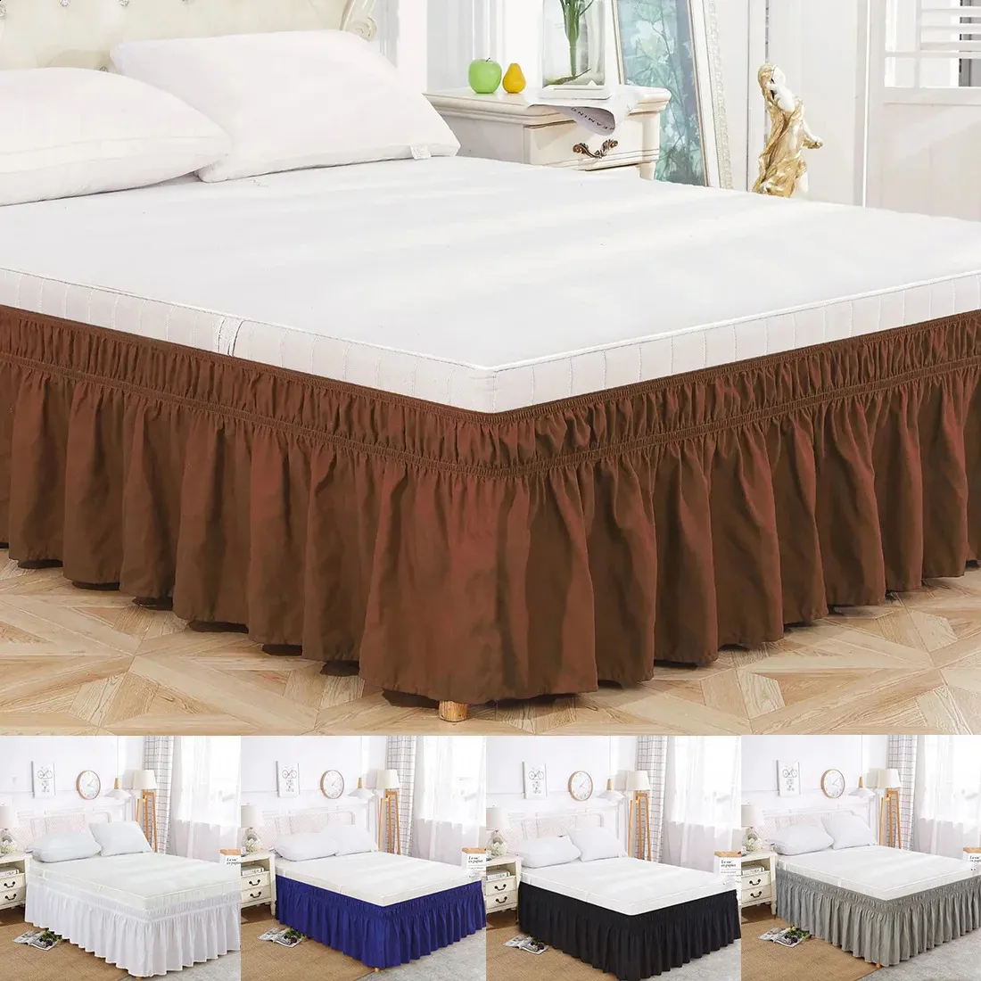 Elastic Ruffle Bed Skirt 100% Cotton Embroidered Solid Full Size Fade ...