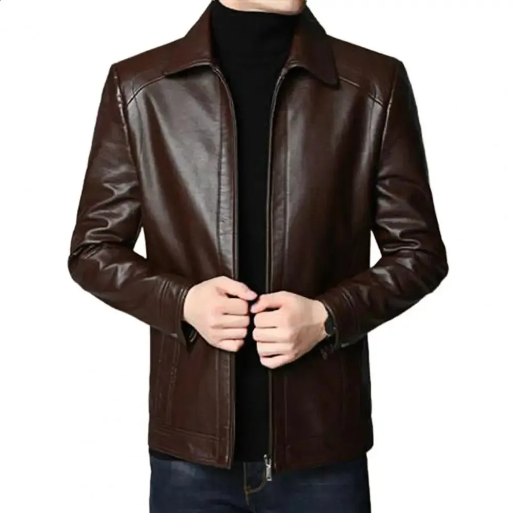 Men Jacket Solid Color Faux Leather Stand Collar Thick Long Sleeve