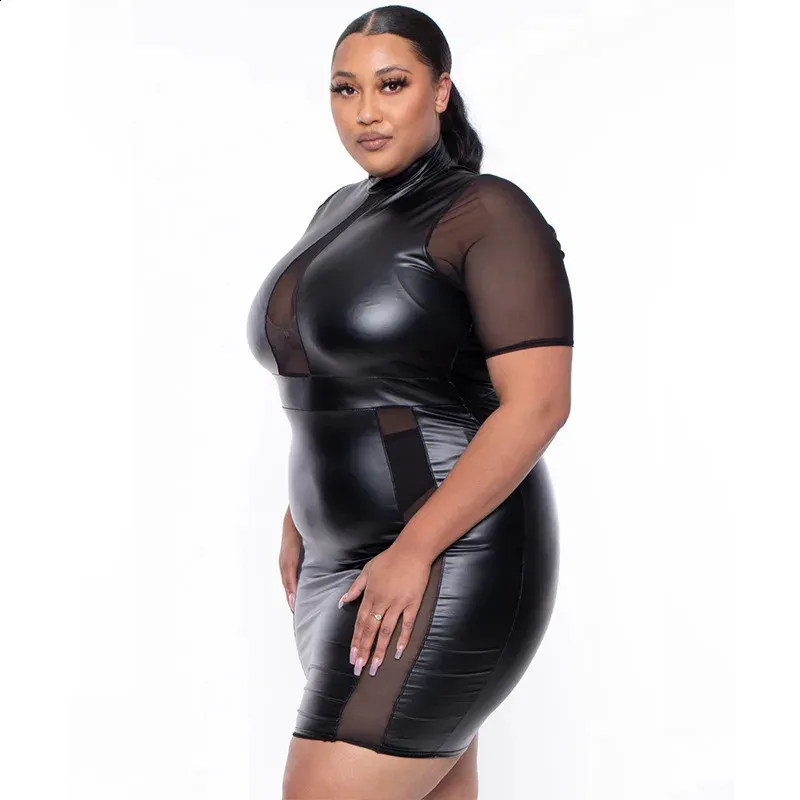 Elegant Sheer Leer Patchwork Mini Plus Size Bk ss