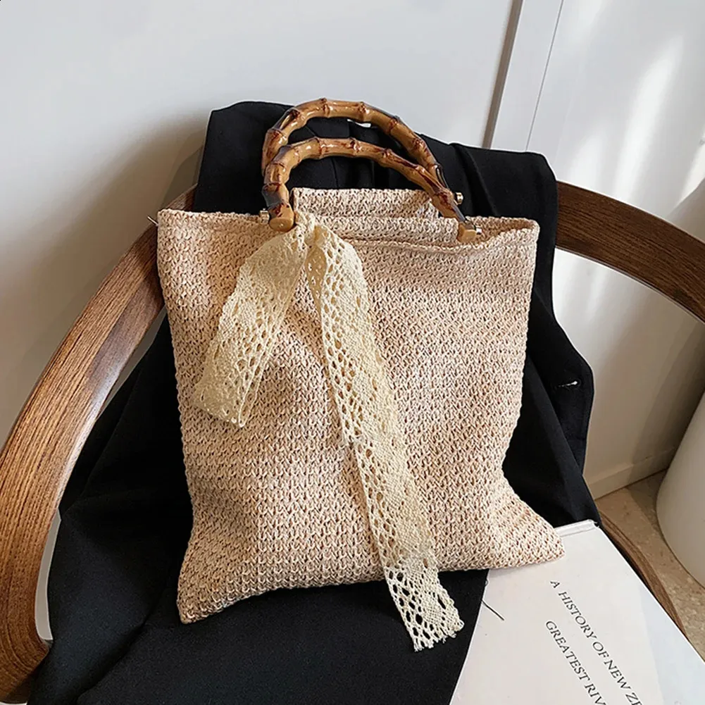 Womens Woven Tote Bag - Large Capacity Straw Handbag with Bamboo Handle ...