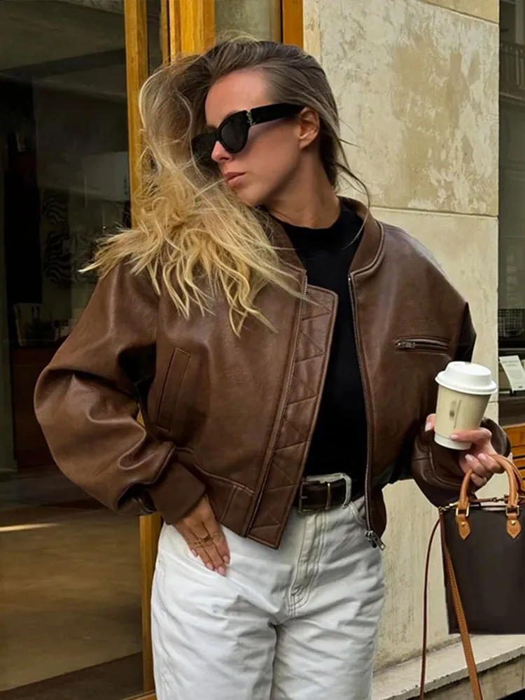 Veste Bomber En Daim Synthétique Marron Pour Femme - Col Cranté - Fermeture Boutons - Style Pilote Y2K - Automne/hiver