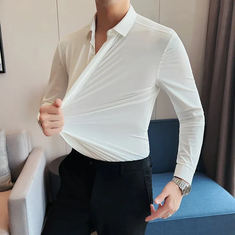 Men's High Elastic Long Sleeve Anti-Wrinkle Shirt - Soft Solid Color, Slim Fit Formal Dress Camisas Top (240820)