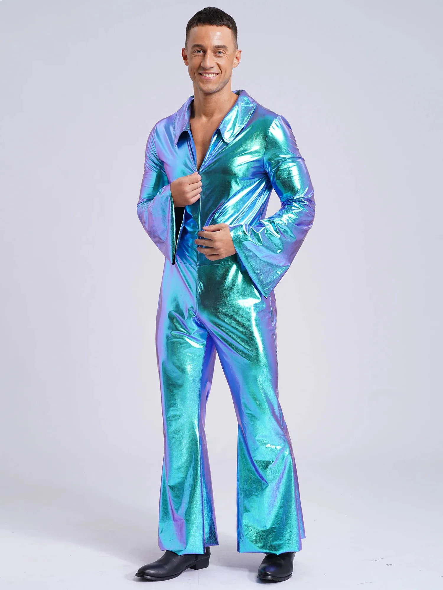 Bell Bottom Pants 8-Piece Men's Disco Costume Set - 70s Sequin Shirt & For Halloween Parties 70s Sequin Shirt Outfit