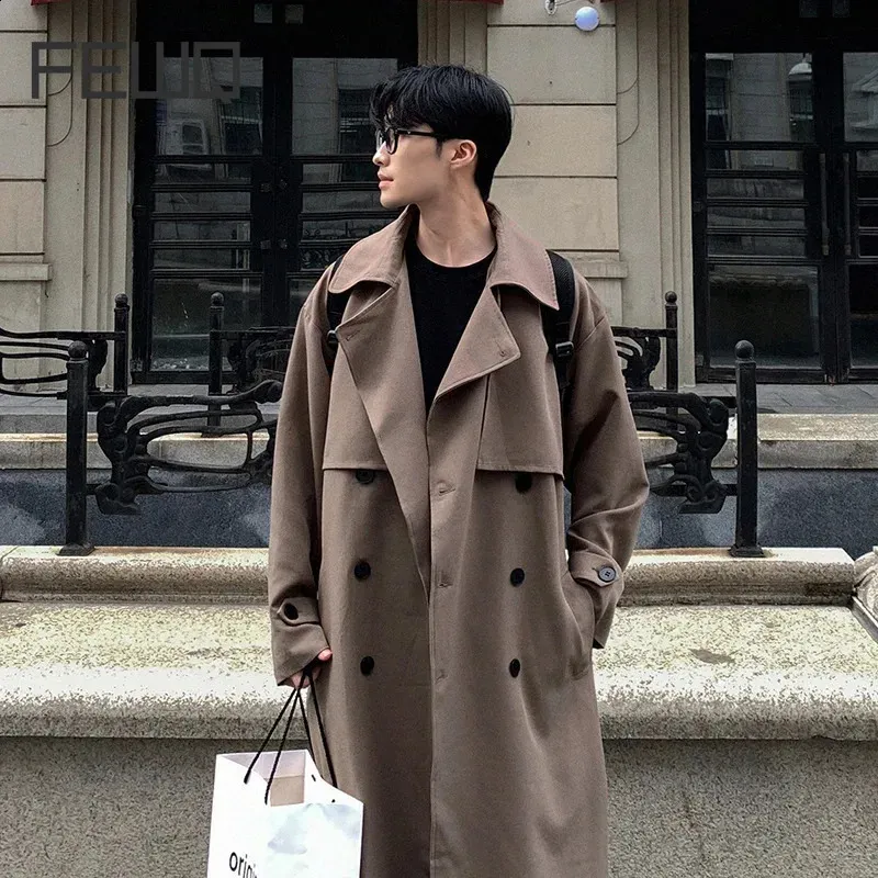Knee Length Trench Coat: Mens Long Sleeve Double Breasted Overcoat