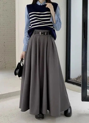 Korean Clothing Womens A Line Skirt: High Waist Elegant Long