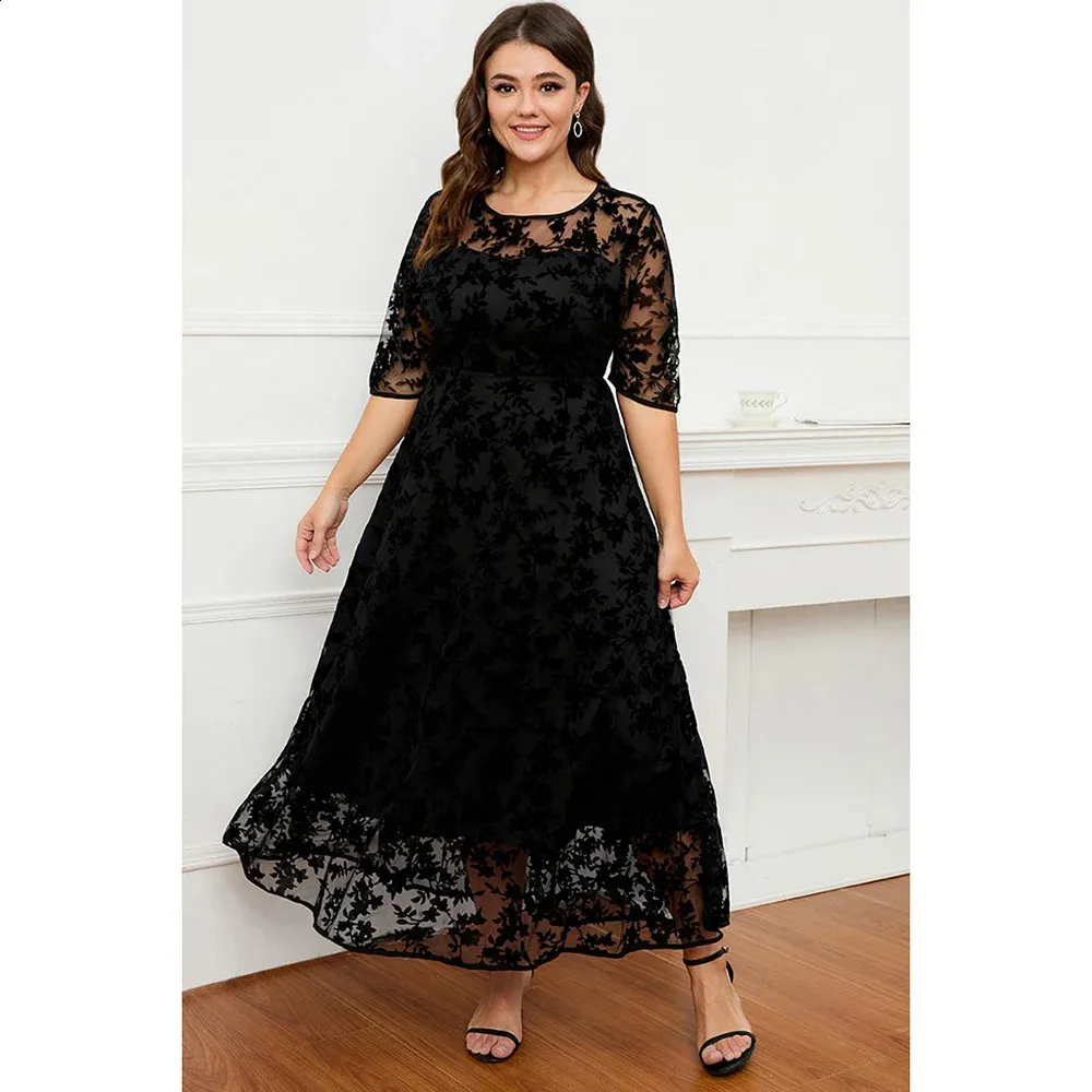 Women's Plus Size Black Lace Mesh Double Layer Tunic Maxi Dress Casual  Half Sleeve