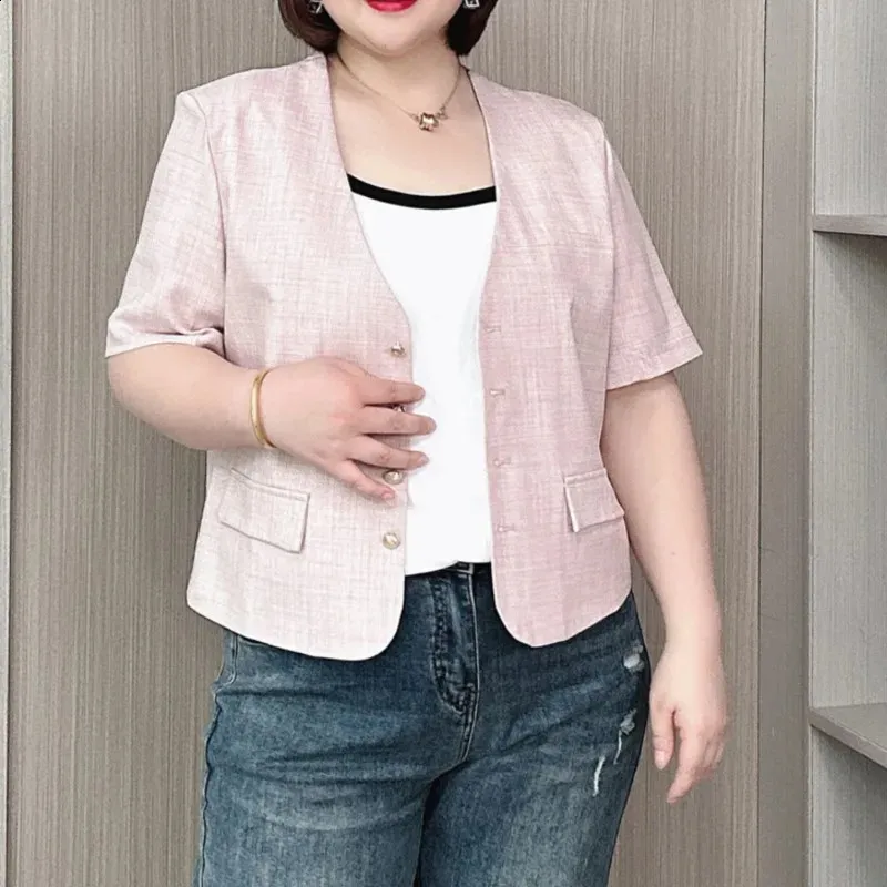 Plus Size Short Sleeve Blazer Chic Summer Suit Jacket, V-Neck