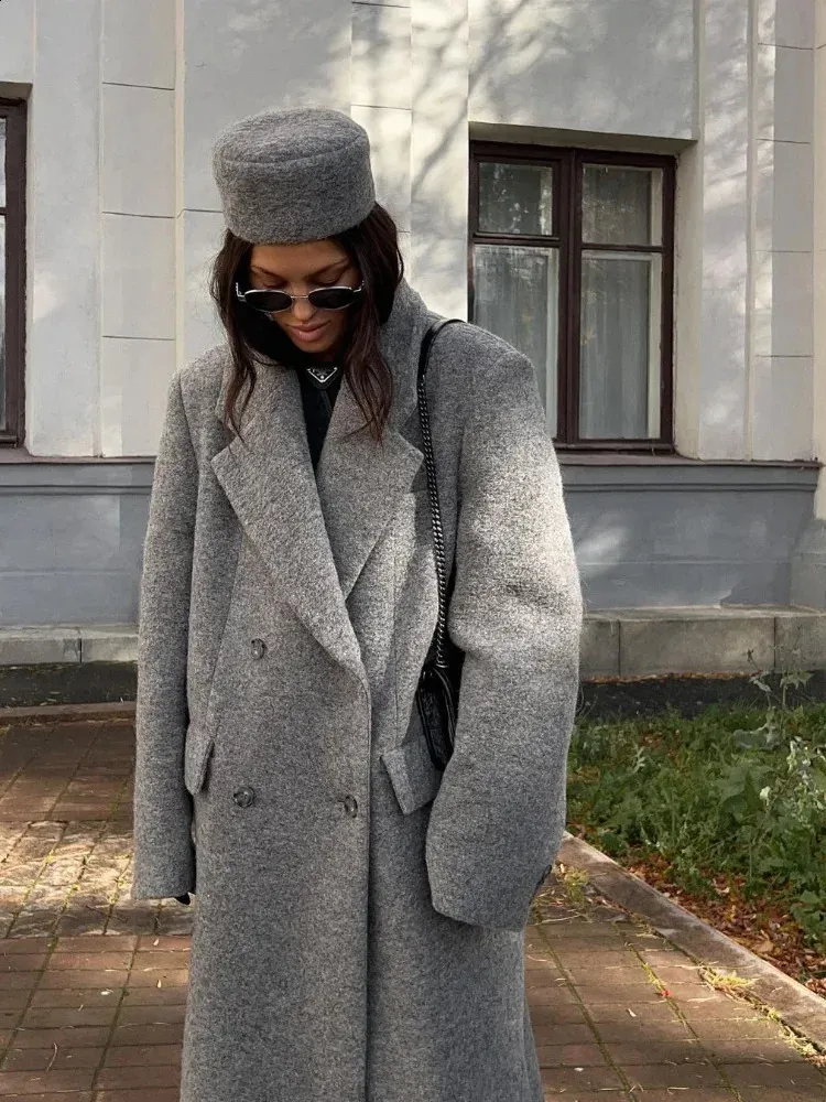 Manteau Long Femme Gris - Grande Cape Élégante - Coupe Slim Avec Boutons - 45699