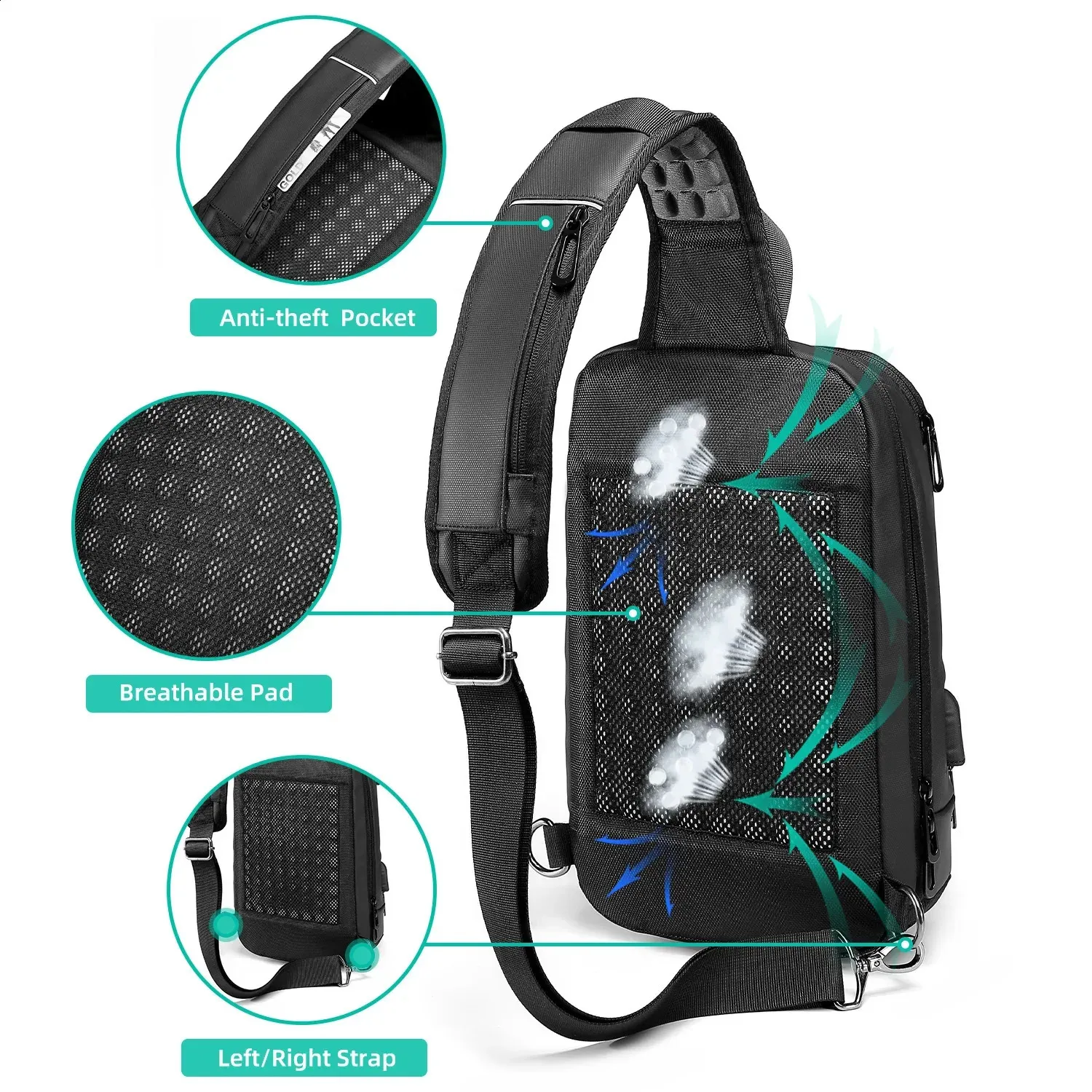 Waterproof Sling Chest Bag with USB Port Crossbody Shoulder Messenger Pack for Men Ideal Husband Gift Fits 9.7 iPad