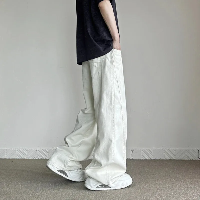 Mens Womens Loose Wide Leg Jeans Cotton White Non Stretch Straight