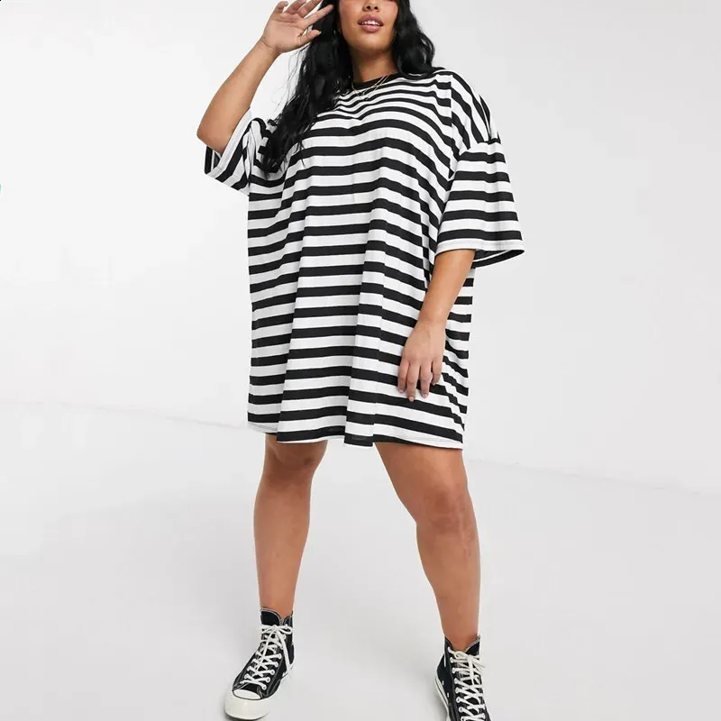 Summer Elegant Plus Size Tunic Dress with Drop Shoulder and Half Sleeves, Oversized Casual T-Shirt Dress in Black Striped Tee (240820)