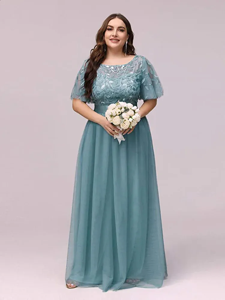 plus size evening dresses with short sleeves Plus Size Hand Beaded Short Sleeve Floral Godet Gown In Light Navy main image 0