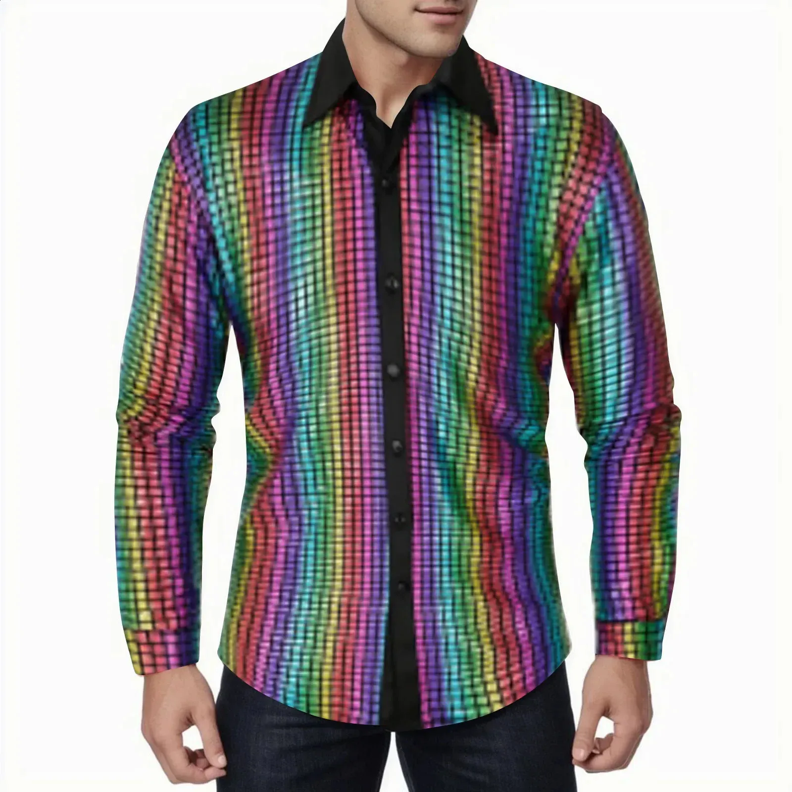 Chemise Disco à Paillettes Honseadek Pour Homme - Style Rétro Années 70, Manches Longues, Taille M à 3XL, Couleurs Argent, Or, Noir