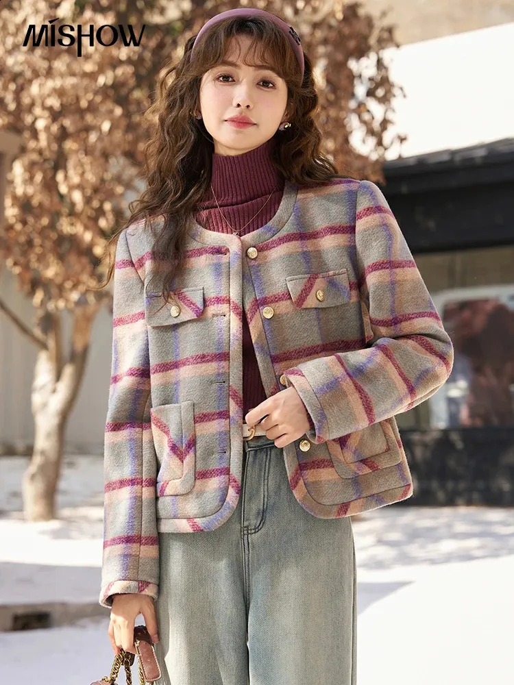 Plaid Wool Coat Womens Retro Round Neck Woolen Short Jacket For
