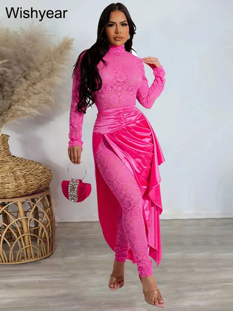 Sexy Birthday Outfit Womens Lace Long Sleeve Jumpsuit With Skirt