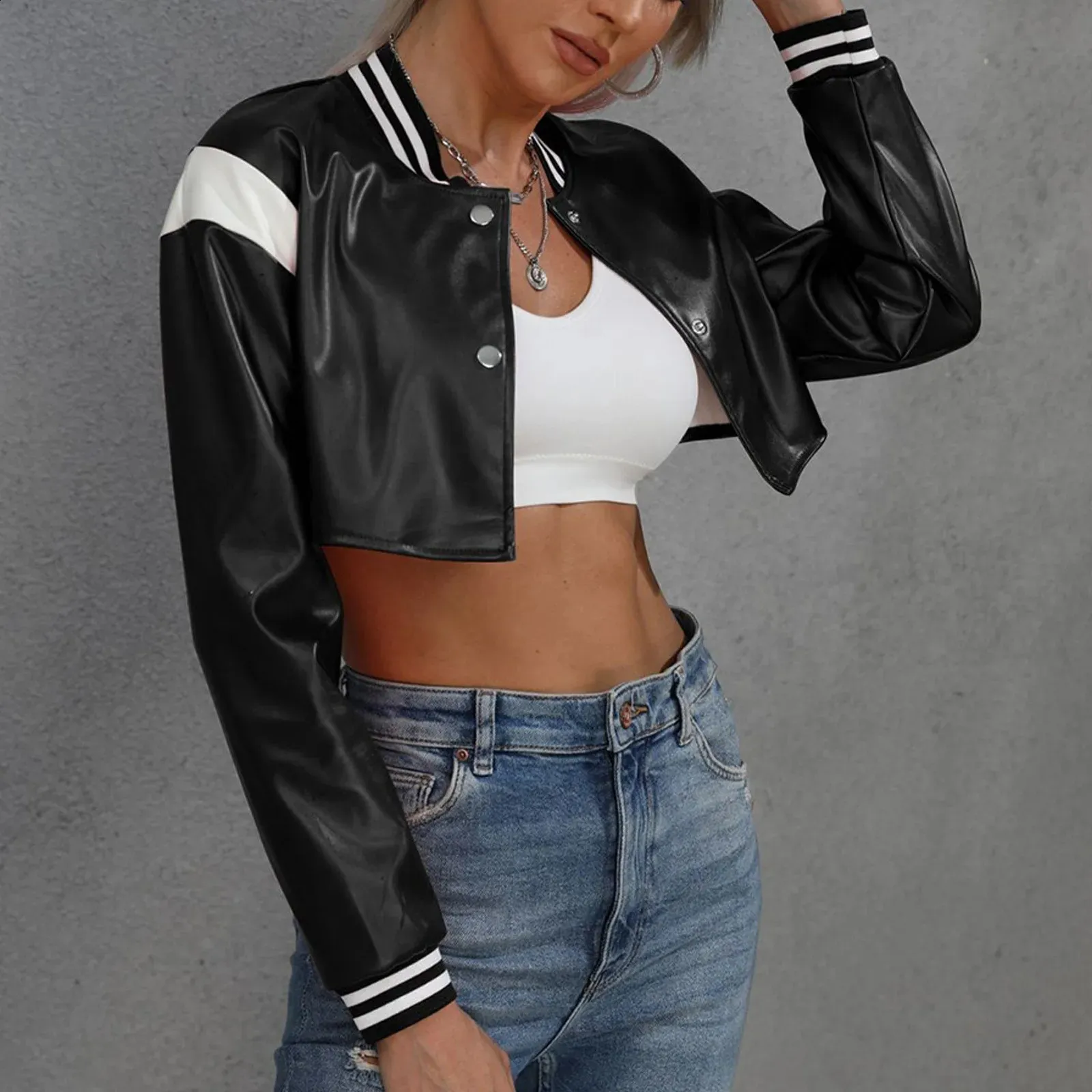 【Anyone more】Vero color matching leather crop jacket VOIKERDR Cropped Jacket Women Black Faux Leather Jacket