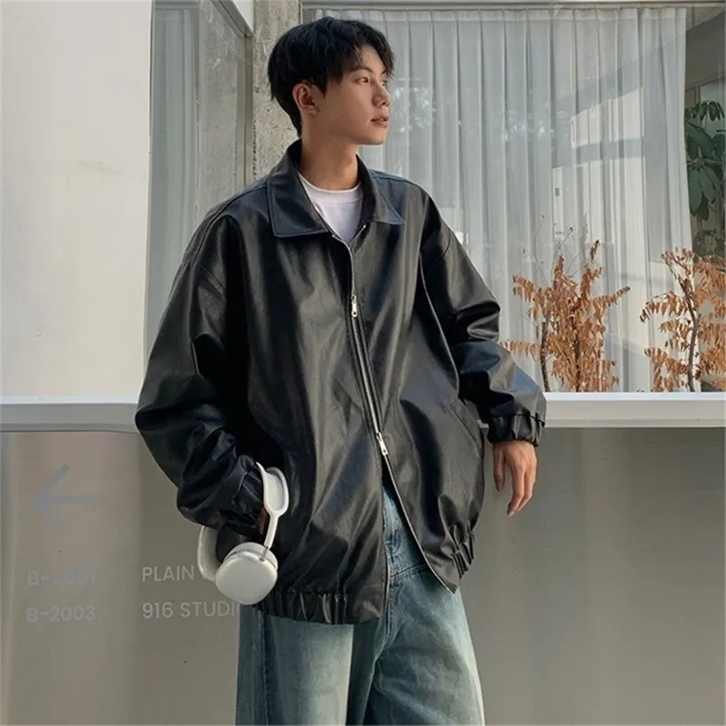 Save Big on Bulk Men's Leather Jacket With Collar Collared Mens Jacket  Retro Style PU Leather Coat, Solid Color Turn Down Collar Long Sleeve  Casual