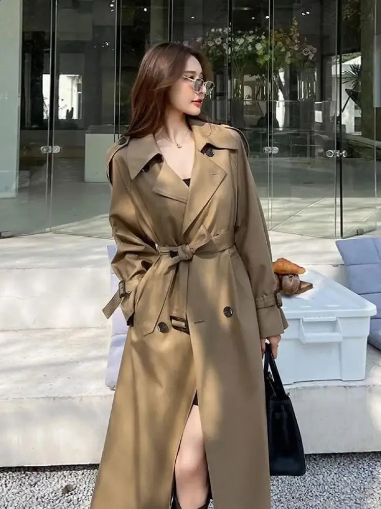 Elegant Womens Longline Trench Coat - Double Breasted, Slim