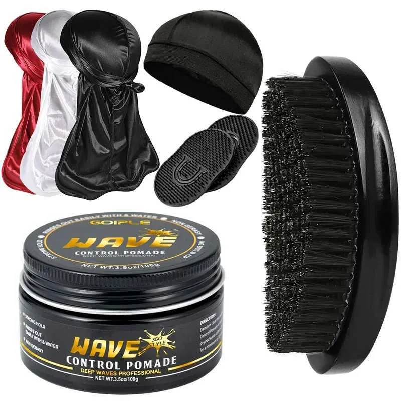 DHgate Gople Wave Pomade Set 7 Piece Motion Control Gel Wax Gloss Hair Cream Wave Cap and Styling Brush for Black Mens Hair Styling Hair Products