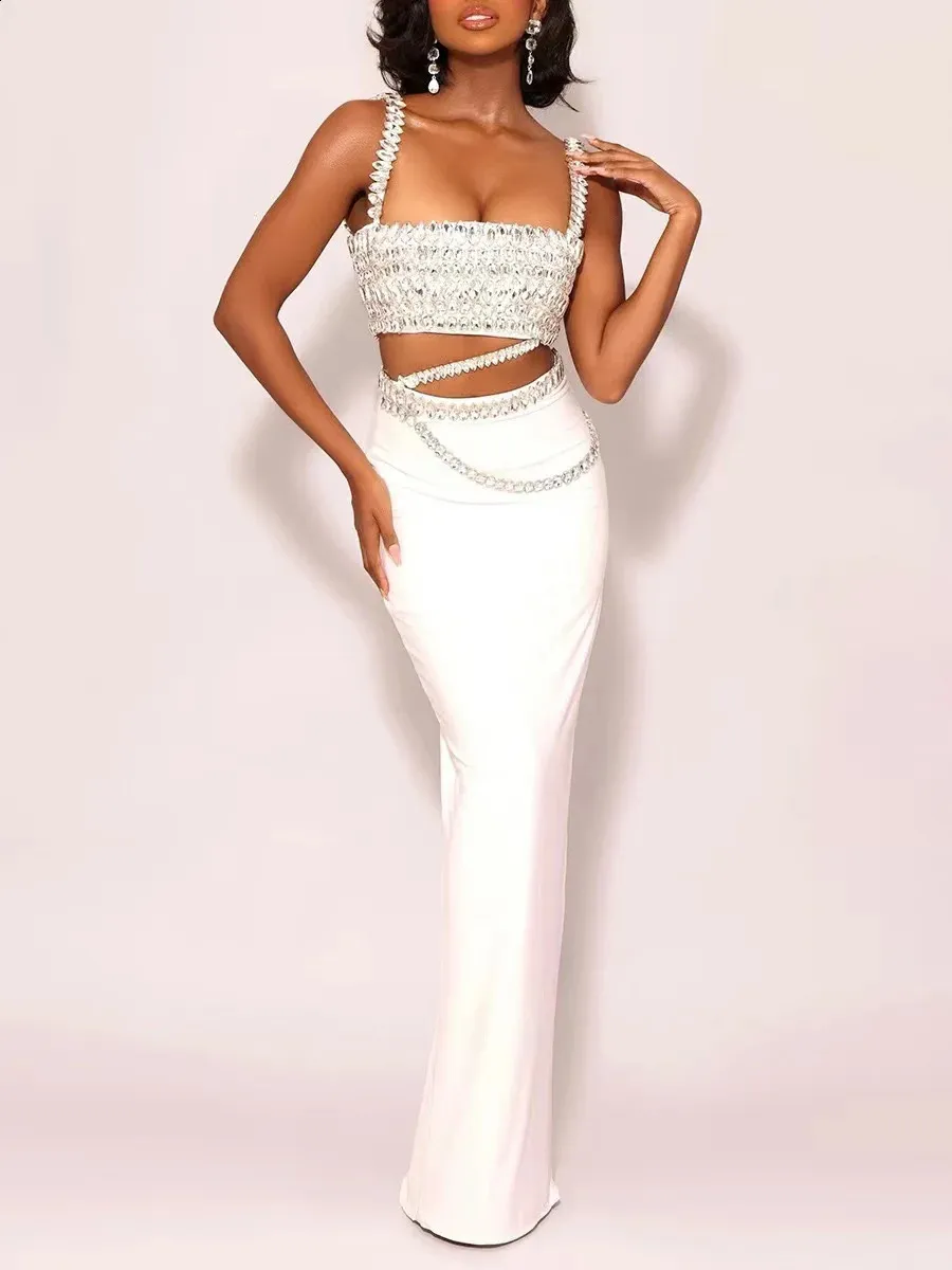 Sexy White Bodycon cut out maxi dress with Crystal Holes and Square Collar for Women - Perfect for Evening Parties and Birthdays (Style #240930)