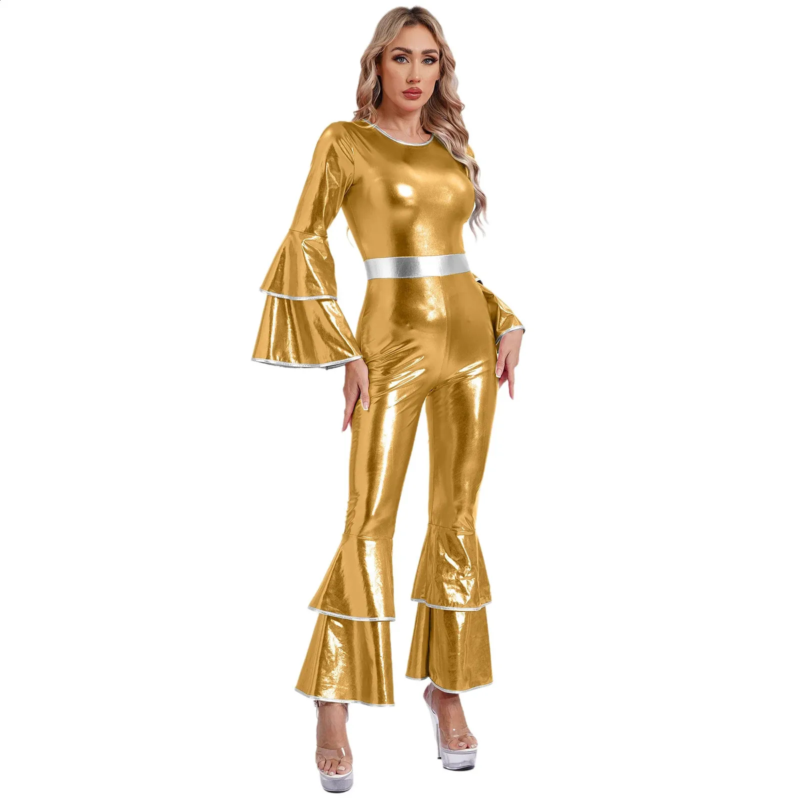 Retro 70s Disco Jumpsuit: Shiny Metallic Bell Bottoms, Lace