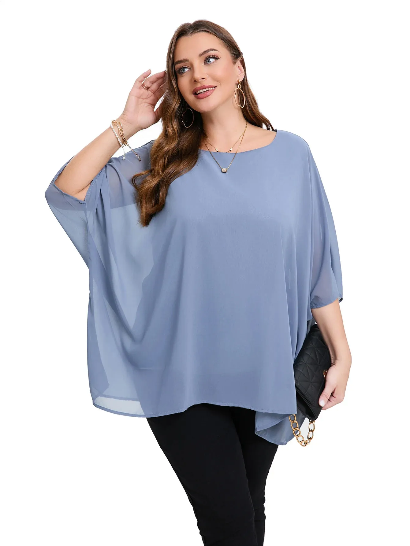 Women's Blue Flowery Long-Sleeved Shirt with Necklace and Batwing Sleeves, image size:1340x1786