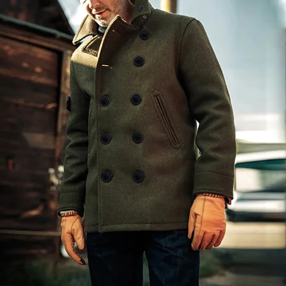 Men's Double-Breasted Woolen Jacket with Black and White Pattern