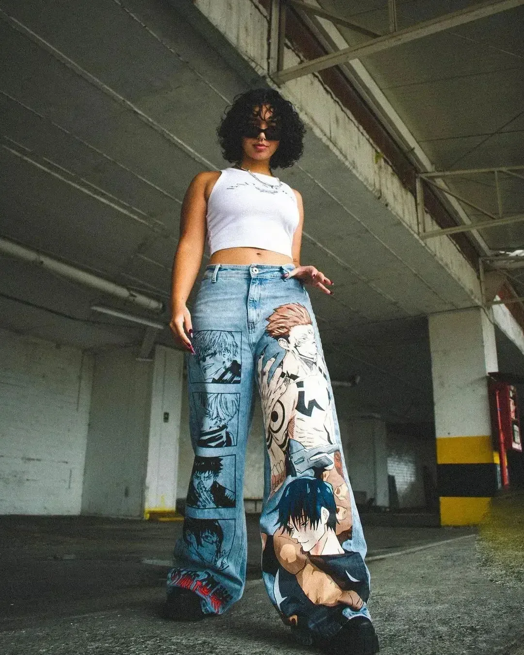 DHgate.com:Anime Printed Wide-Leg Denim Jeans - Japanese