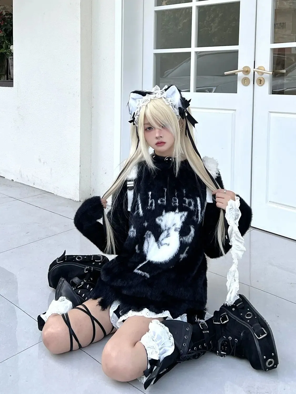 Gothic cartoon jacquard kawaii loose fit acrylic sweater casual