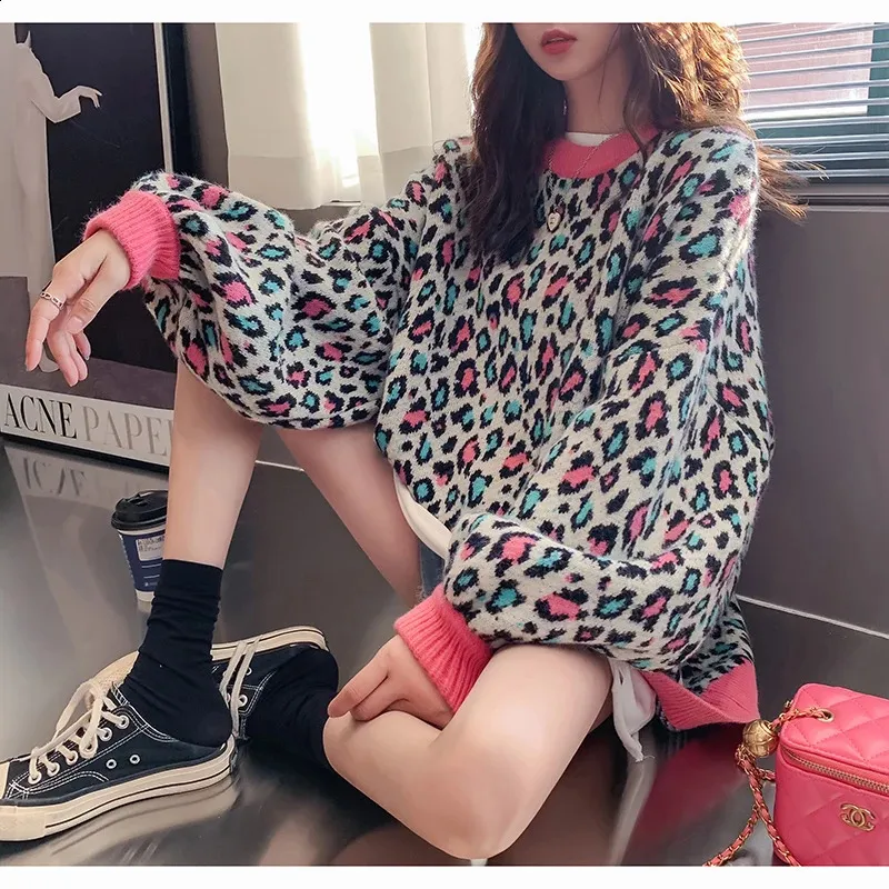 Women Leopard Pullover Knitted Sweater Harajuku Aesthetic Y2k